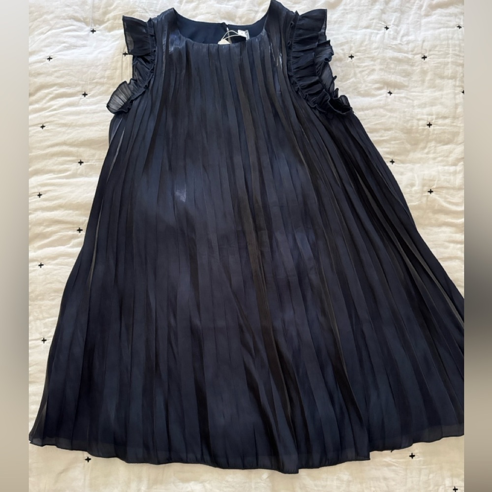 NWT Metallic Navy Flutter Sleeve Pleated Dress